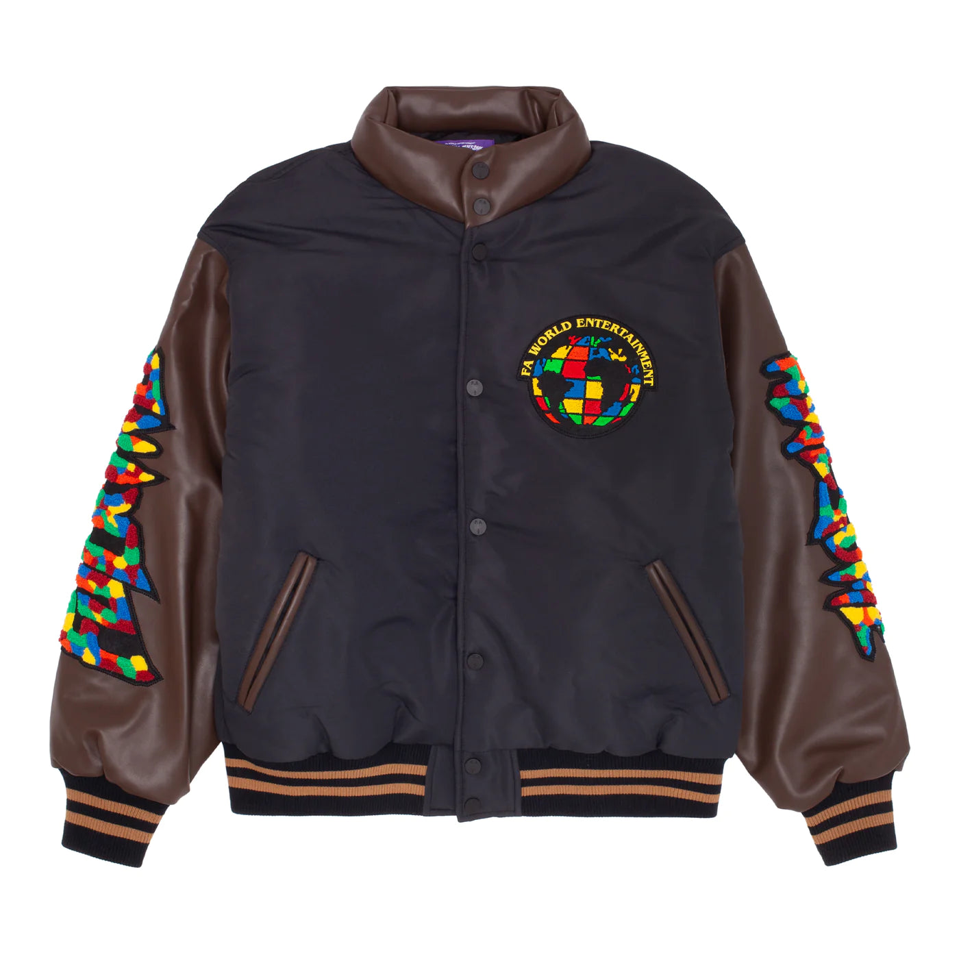 Gum Stamp Chennile Varsity Puffer Jacket Blk/Brwn(size options listed)