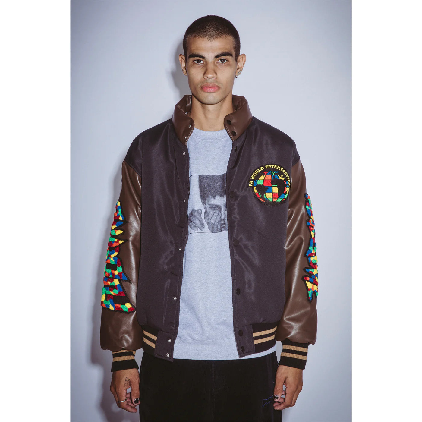 Gum Stamp Chennile Varsity Puffer Jacket Blk/Brwn(size options listed)