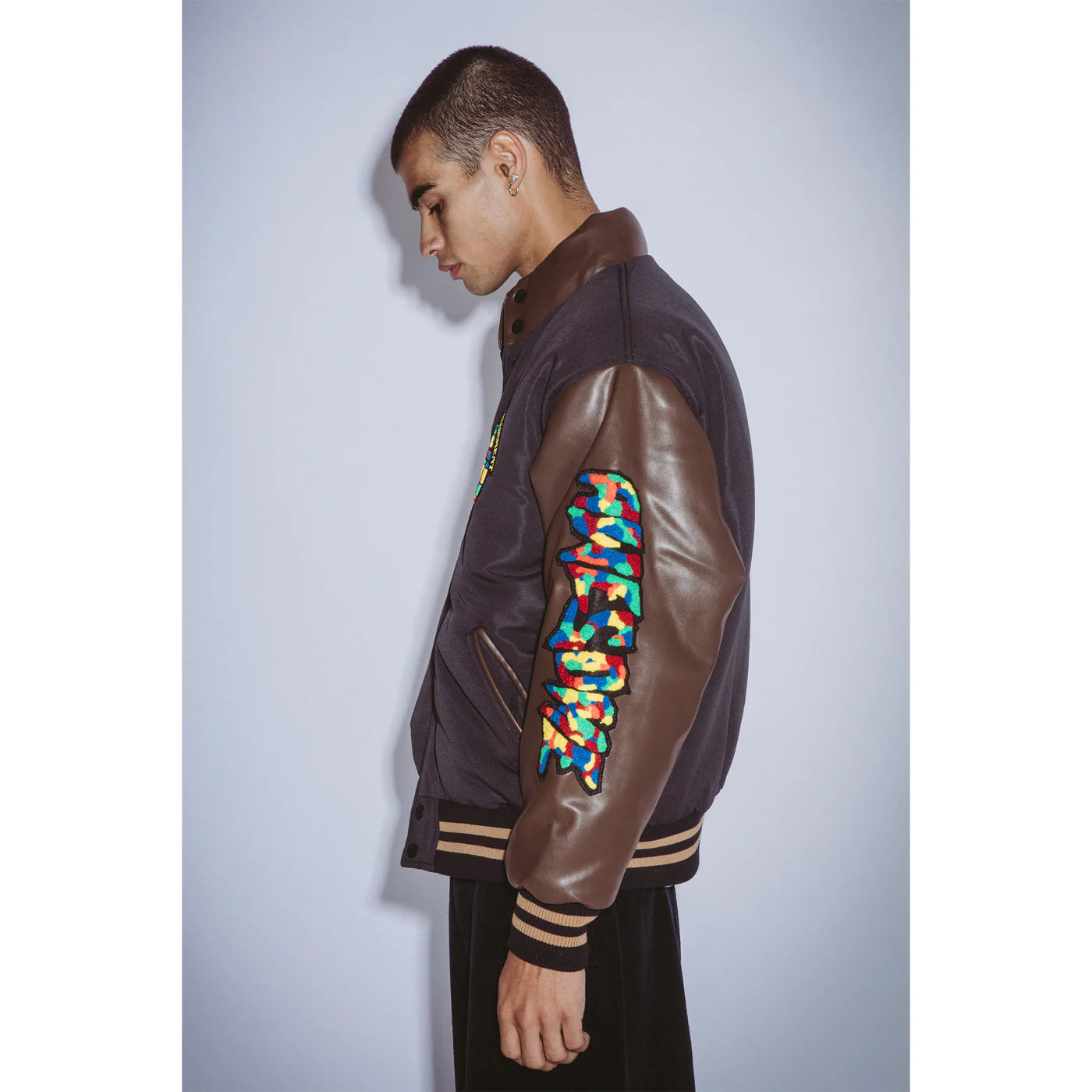 Gum Stamp Chennile Varsity Puffer Jacket Blk/Brwn(size options listed)