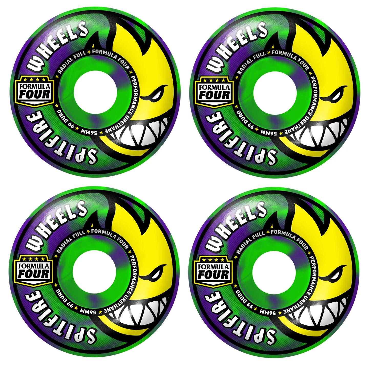 F4 99DU Radial Full Swirl Wheels 56mm Grn/Purp