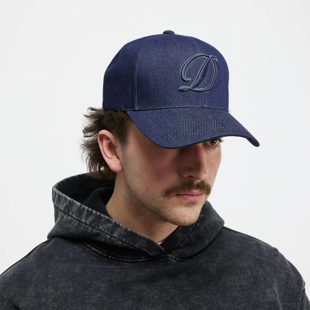 Cursive D Full Fit Adjustable Snapback Hat Indigo Denim OS