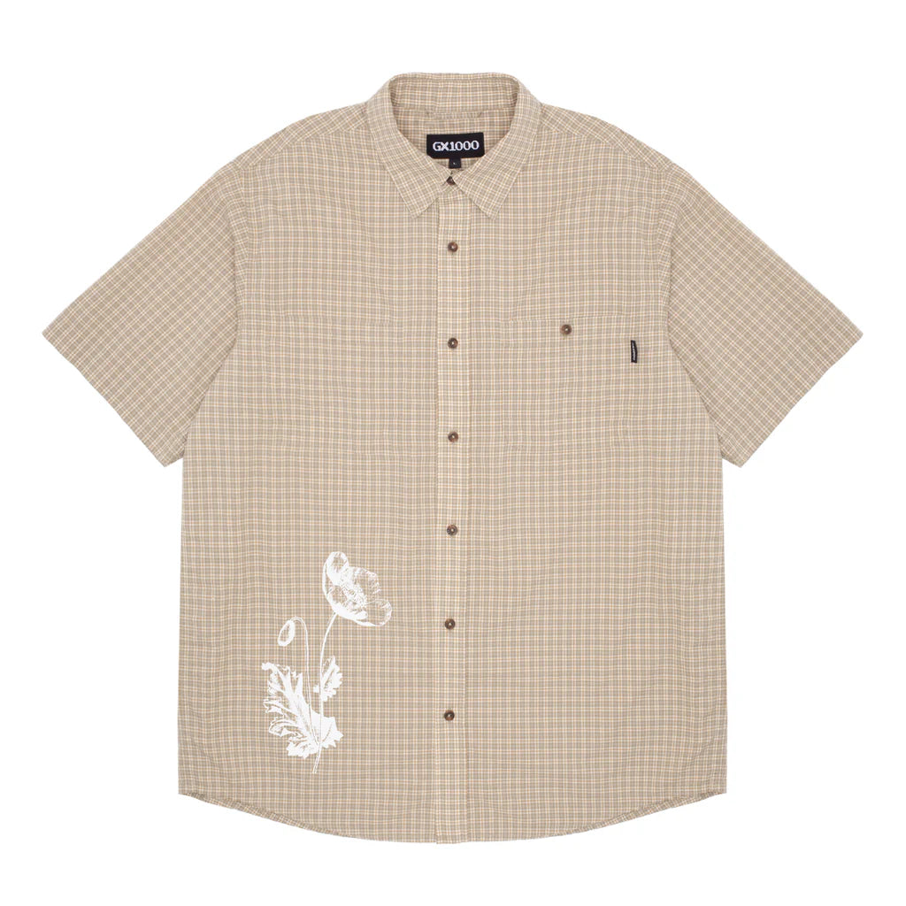 Short Sleeve Button Down Shirt Tan Plaid