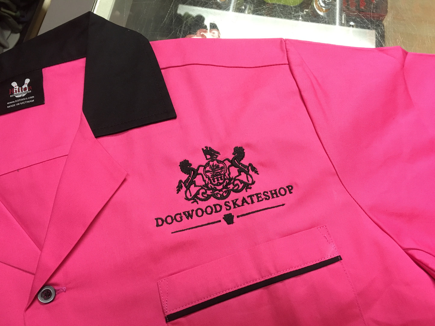 Bowling Team Horses S/S Button Down Tee Shirt Pink (size options listed)