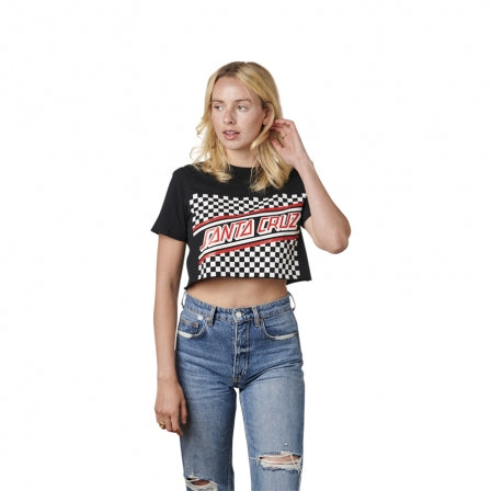 Checkerboard Cut Off S/S Crop Boyfriend Tee Shirt Blk Womens (size options listed)