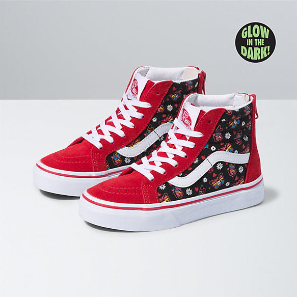 Kids Glow Skull Sk8 Hi Zip Red/Tru Wht (size options listed)